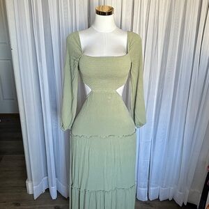 Textured Olive Green Long Sleeve Ruffle Trim Dress